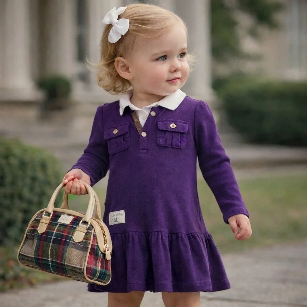 Ralph Lauren Purple Waffle Knit Peplum‎ Henley Top Baby Girls 18M Long Sleeve